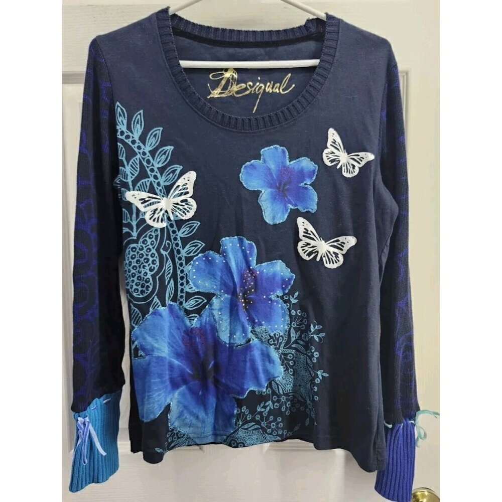 Desigual women's light sweater size M  blue multi color floral butterfly